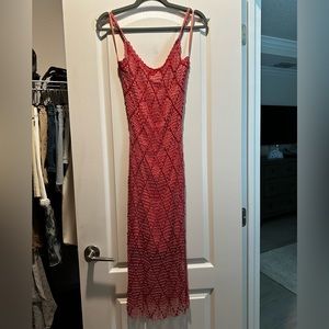 Semi-formal coral beaded dress from Cache, coffee stain inside/not visible worn
